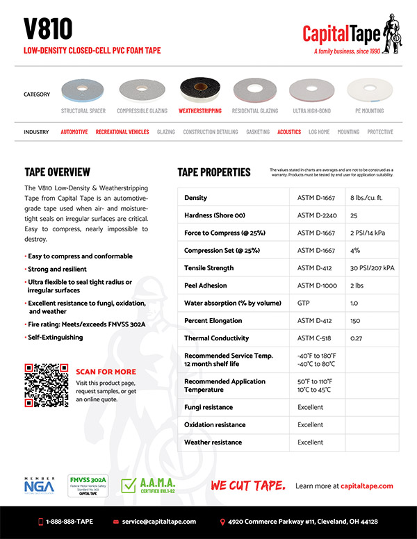 V810 PVC Foam Tape | Low Density Automotive Tape | Capital Tape
